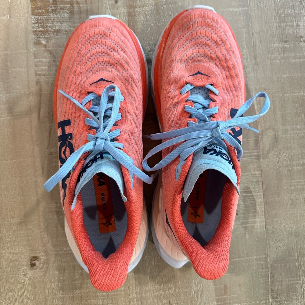 Hoka Mach 5 Women's Sneakers in Coral and Light Blue